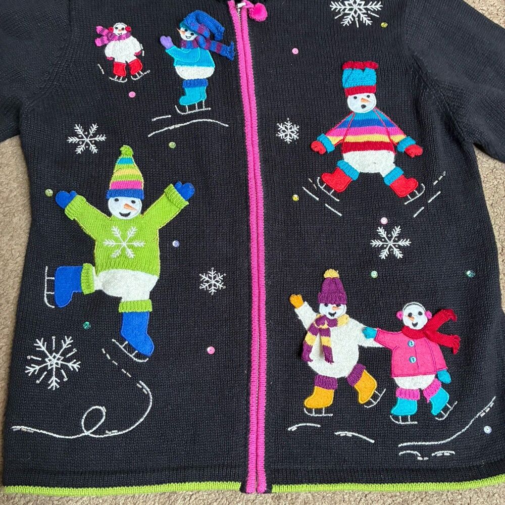 Karen Scott Sport Womens Petite Black Christmas Snowman Holiday Sweater Vtg - Picture 7 of 15